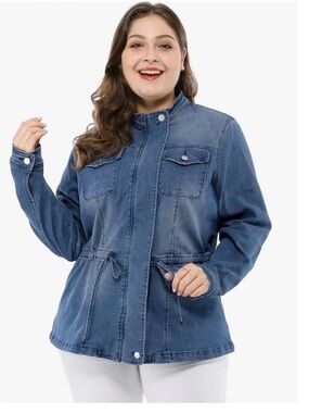 Agnes Orinda Women's Blue Jean Jacket 1X Plus Stand Collar Zip Drawstring